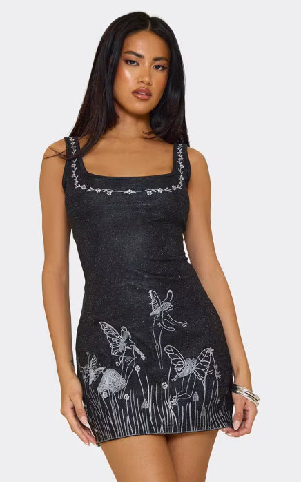 Sling Neck Embroidery Cotton Dress