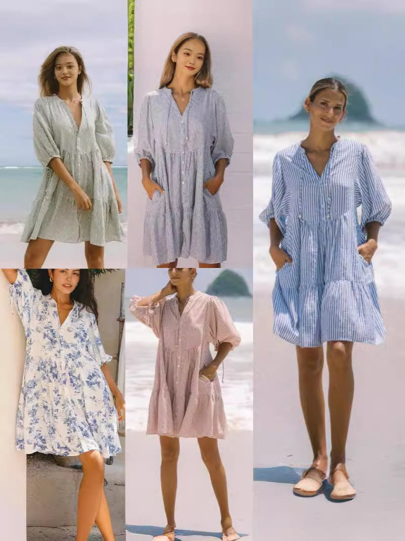 Womens V-Neck Striped Button Dress