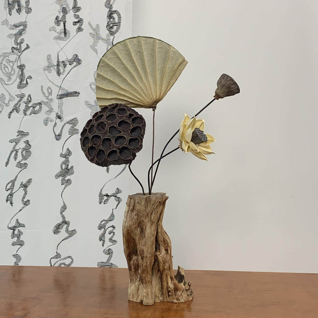 Solid Wood Zen Vase with Dried Flowers