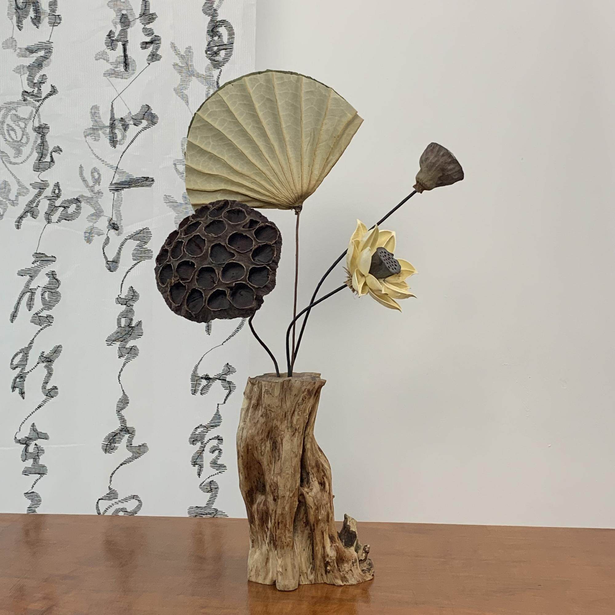 Solid Wood Zen Vase with Dried Flowers