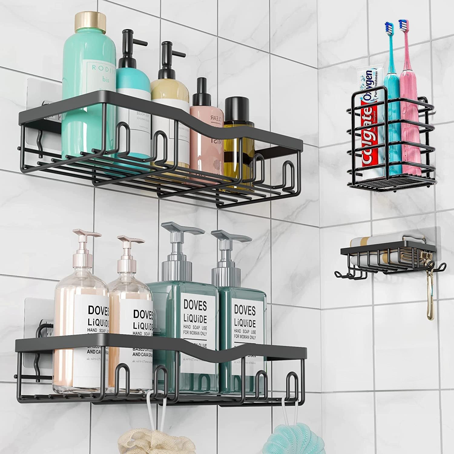 Iron Bathroom Storage Rack with No-Drill Mounting