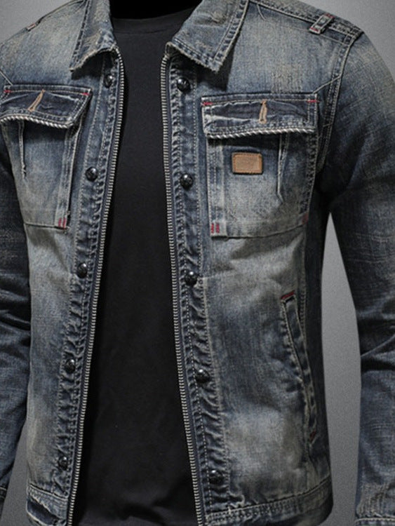 Vintage Washed Denim Jacket with Lapel Collar