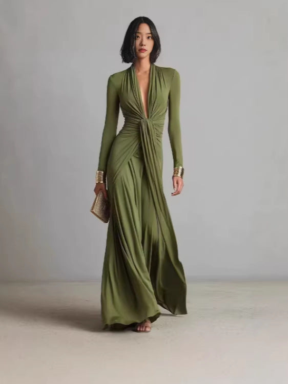 Womens Pleated V-Neck Dress