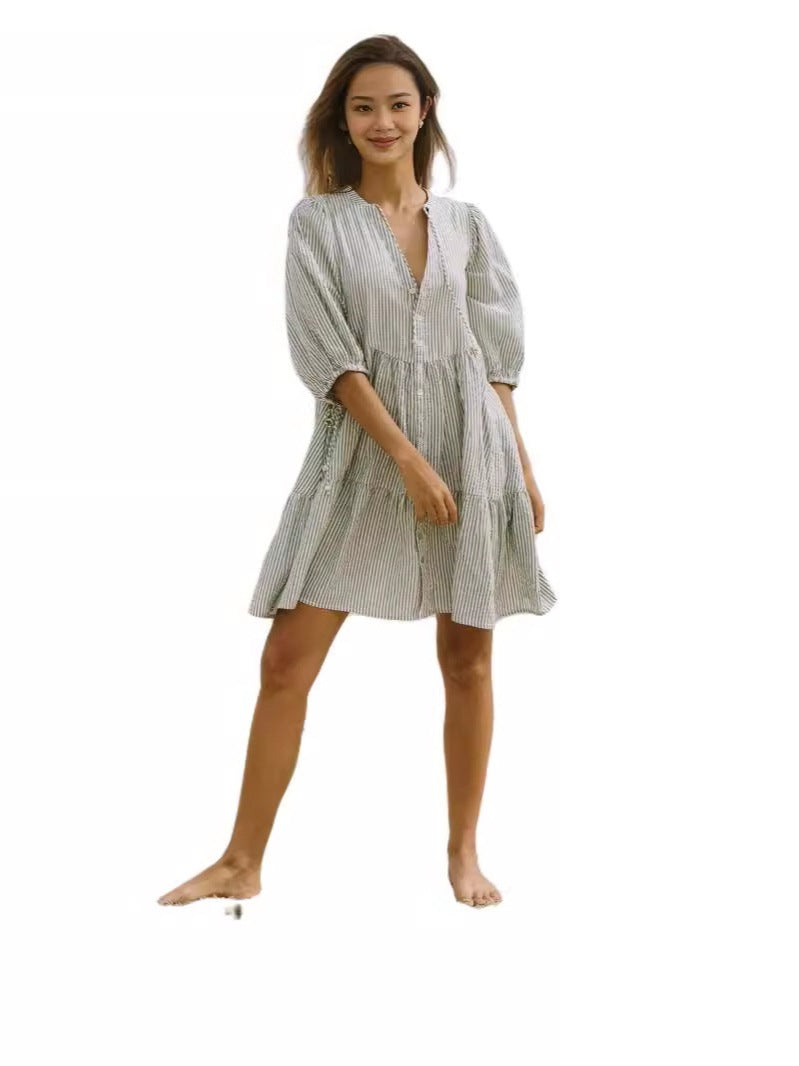 Womens V-Neck Striped Button Dress