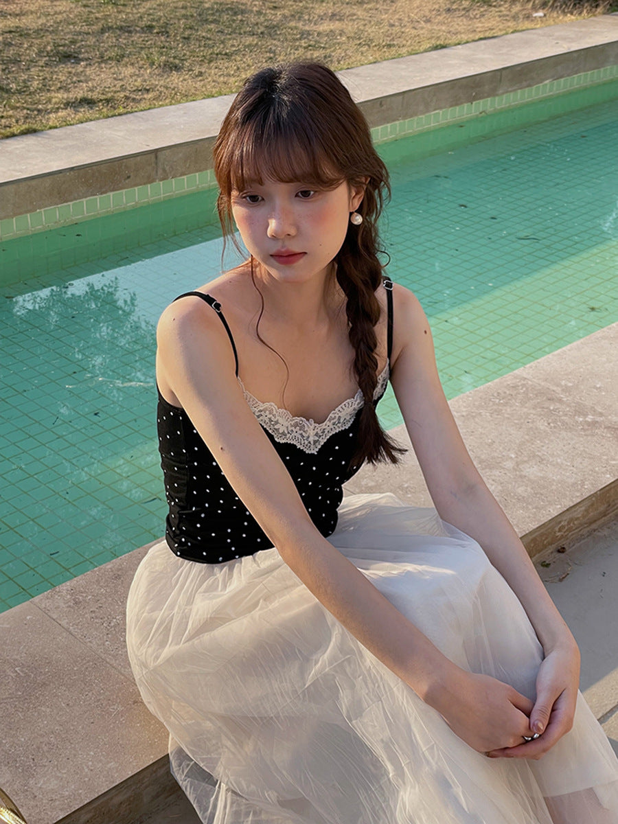 Lace Stitching Polka Dot Camisole Top