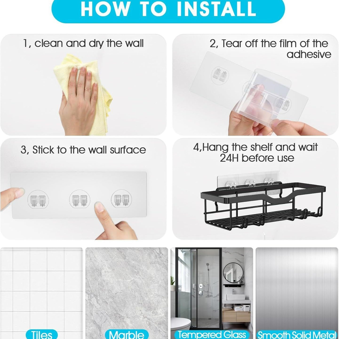Iron Bathroom Storage Rack with No-Drill Mounting
