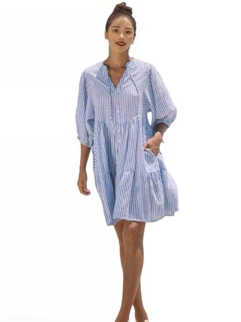 Womens V-Neck Striped Button Dress