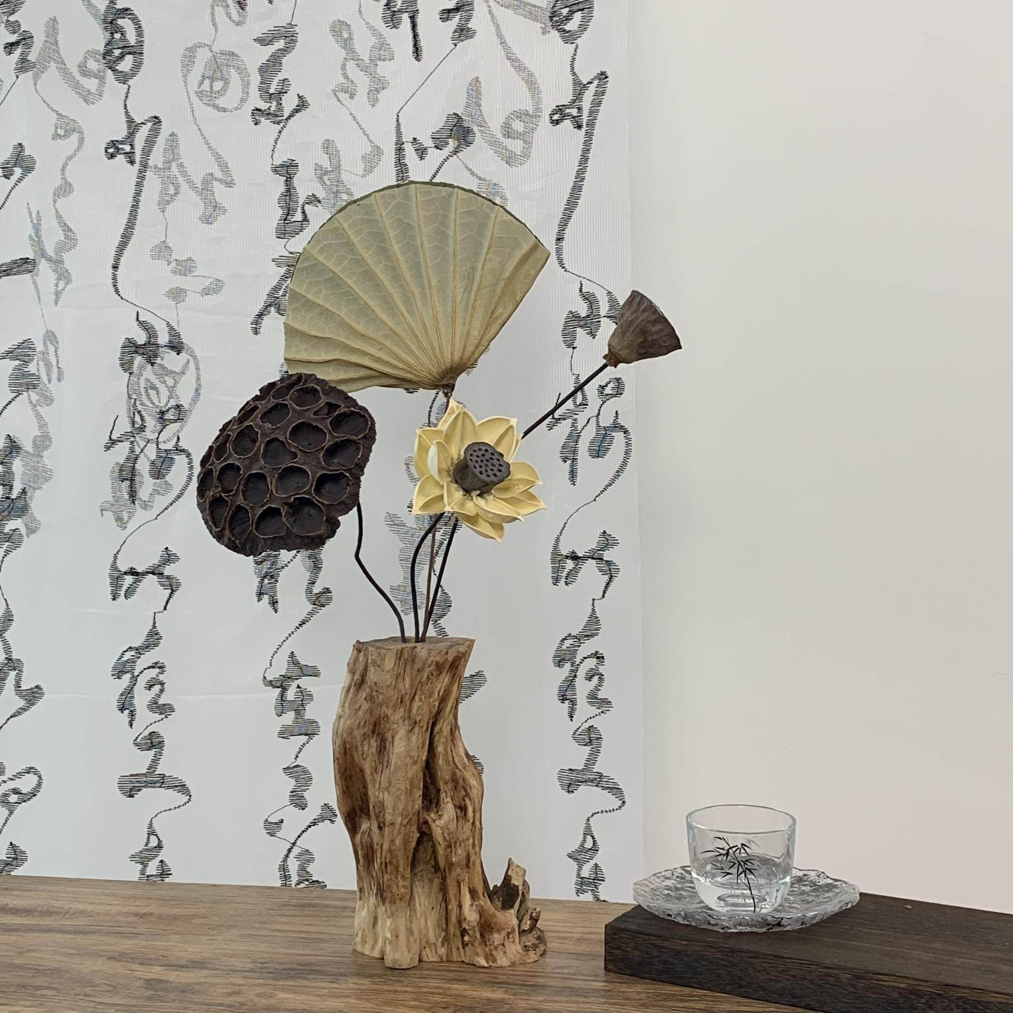 Solid Wood Zen Vase with Dried Flowers