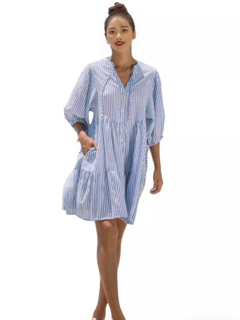 Womens V-Neck Striped Button Dress