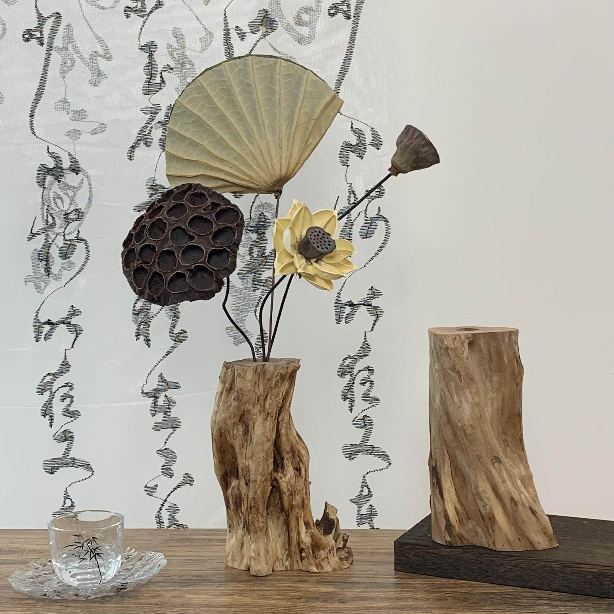 Solid Wood Zen Vase with Dried Flowers