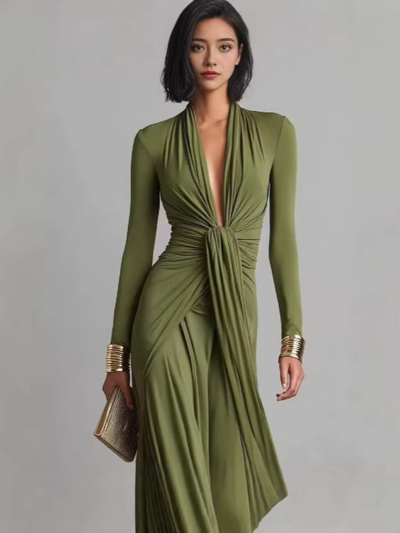 Womens Pleated V-Neck Dress
