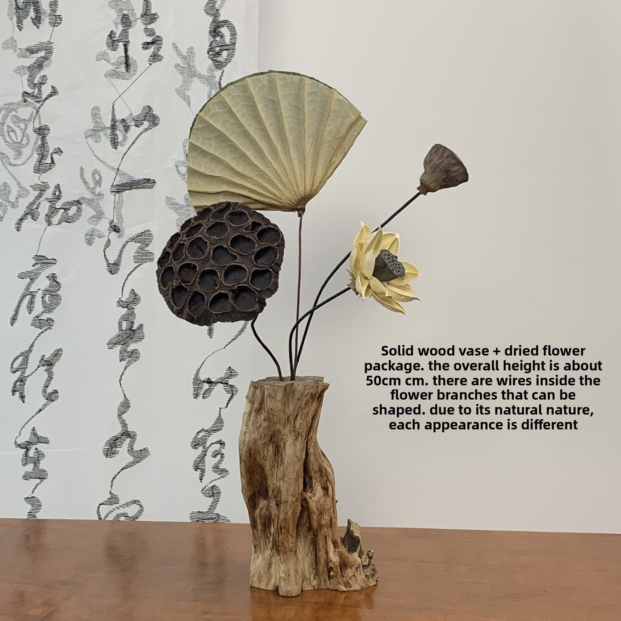 Solid Wood Zen Vase with Dried Flowers