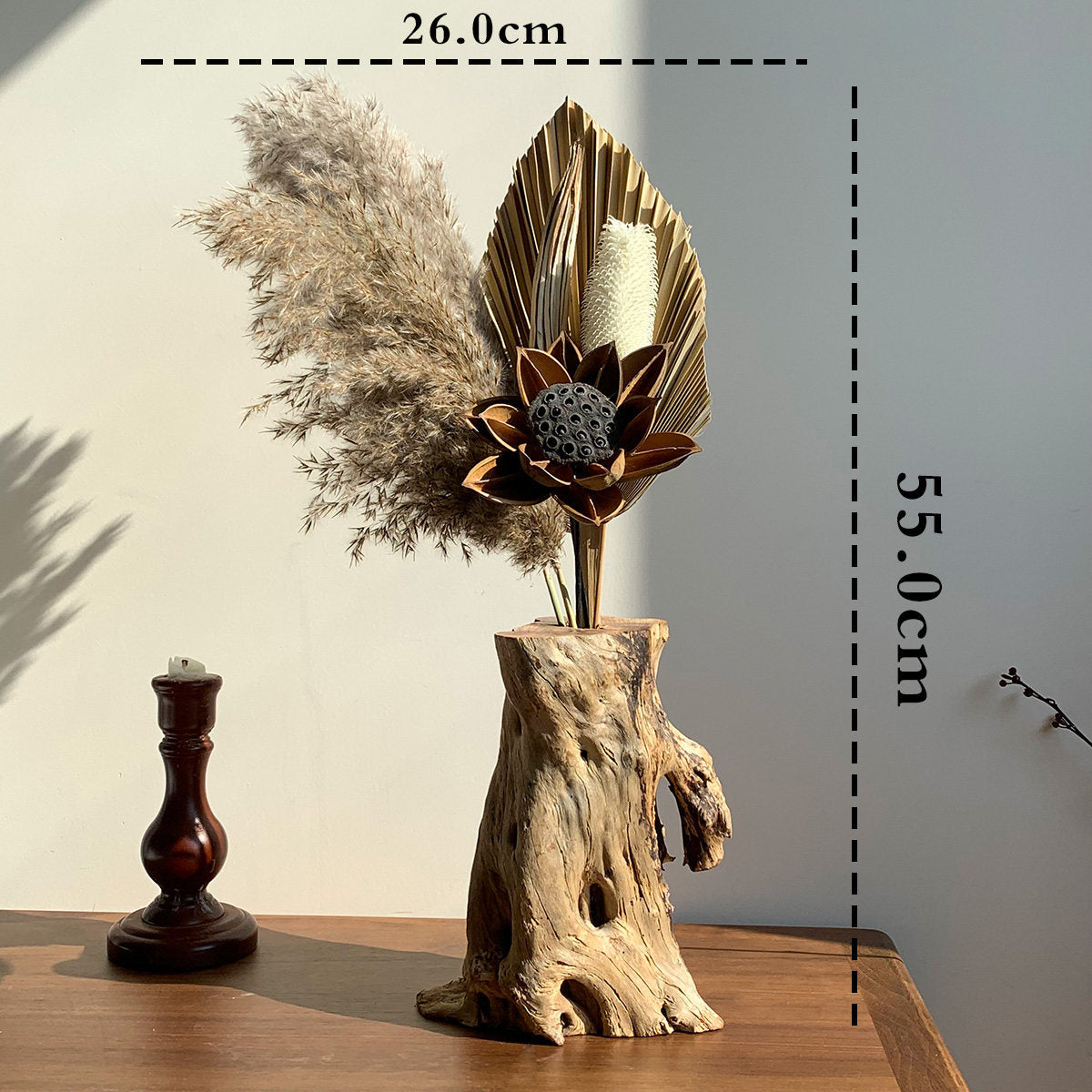 Solid Wood Zen Vase with Dried Flowers