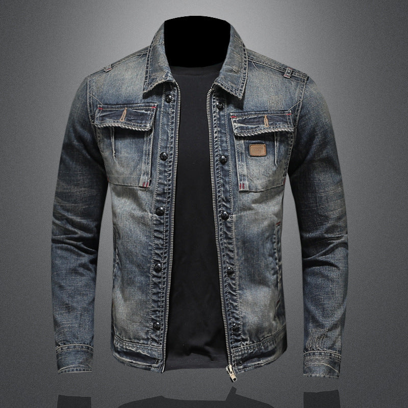 Vintage Washed Denim Jacket with Lapel Collar