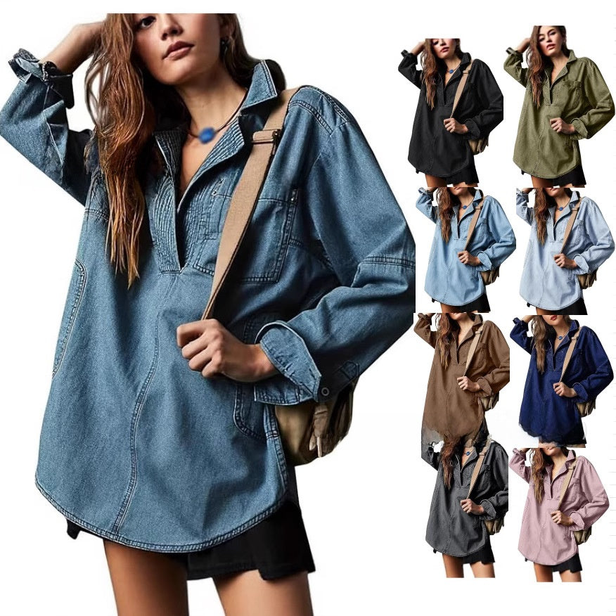 Denim V-Neck Long Sleeve Jacket
