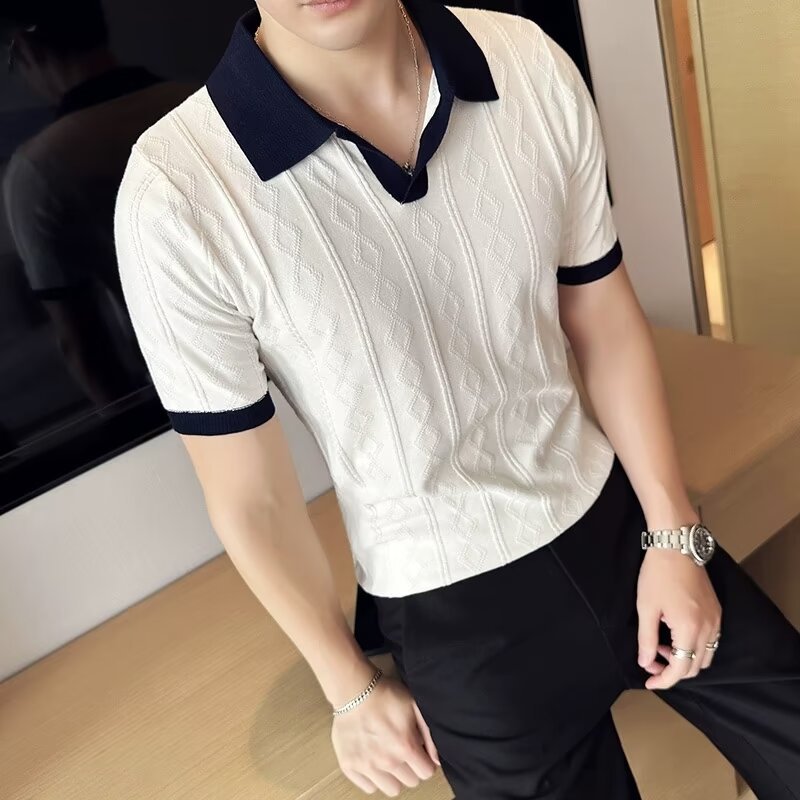 Lapel Polo Shirt Men Jacquard Contrast Color