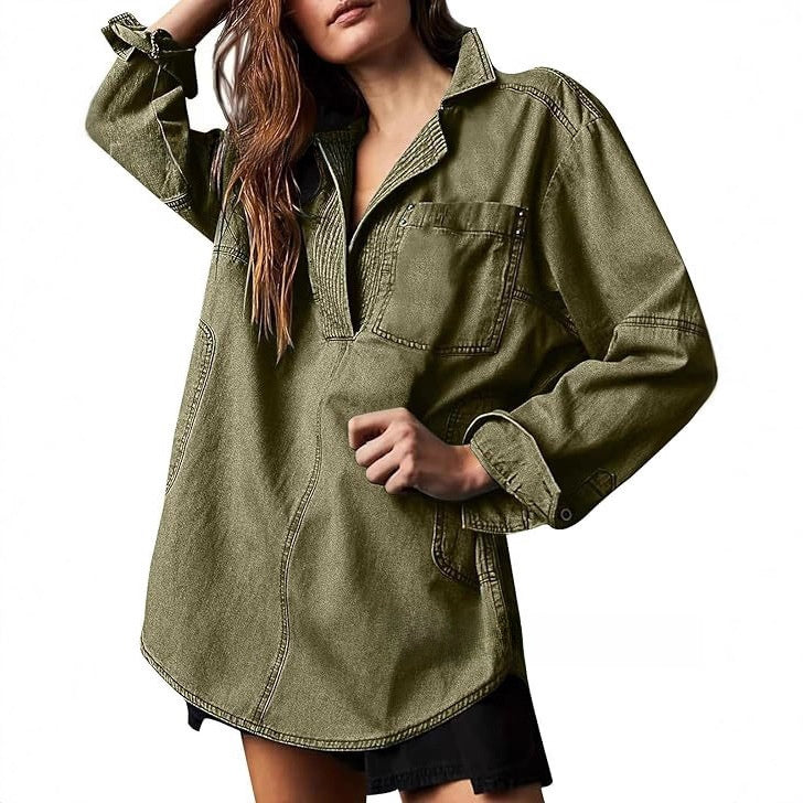Denim V-Neck Long Sleeve Jacket