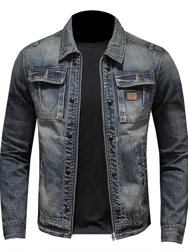 Vintage Washed Denim Jacket with Lapel Collar