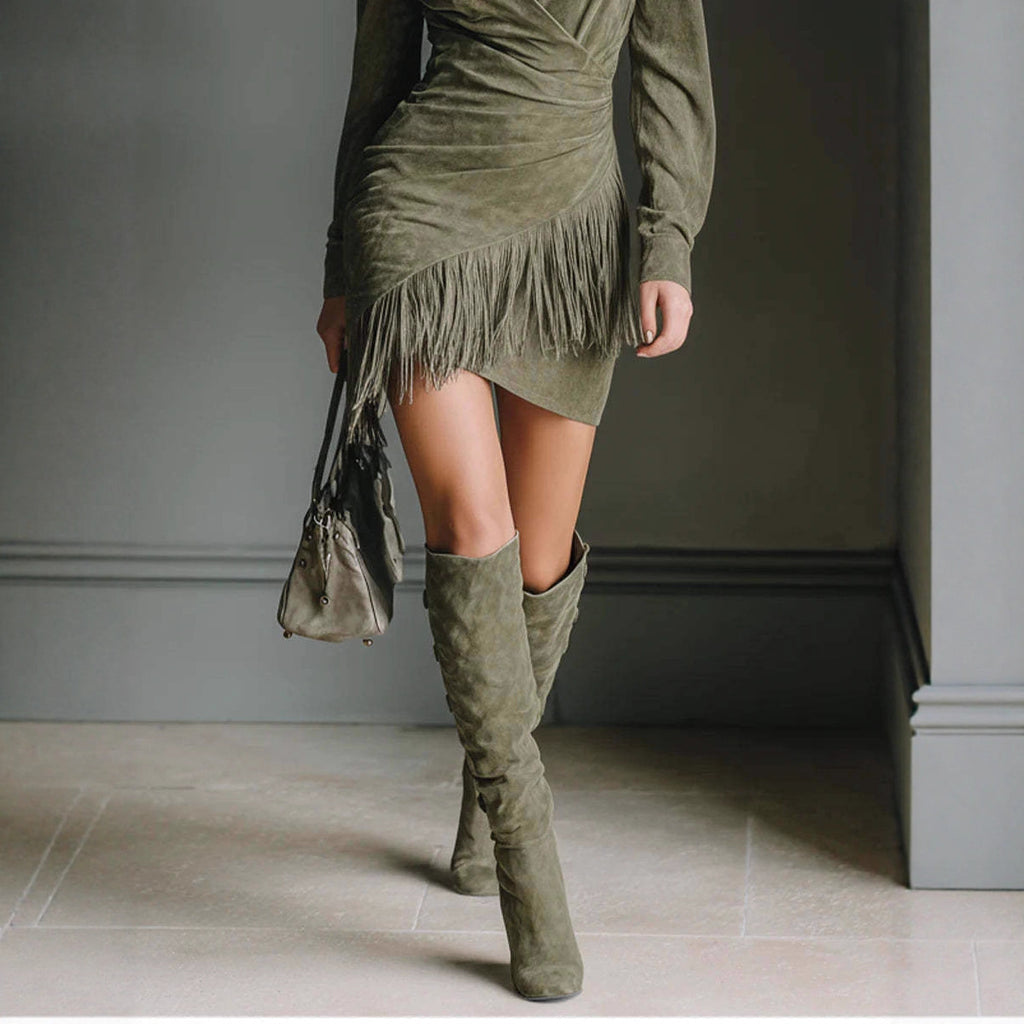 Western Style Suede Tassel Long Sleeve Dress