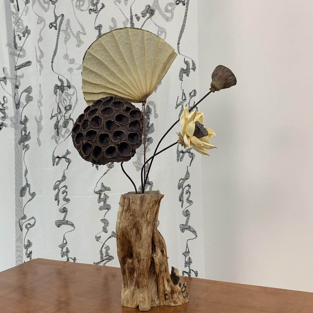Solid Wood Zen Vase with Dried Flowers